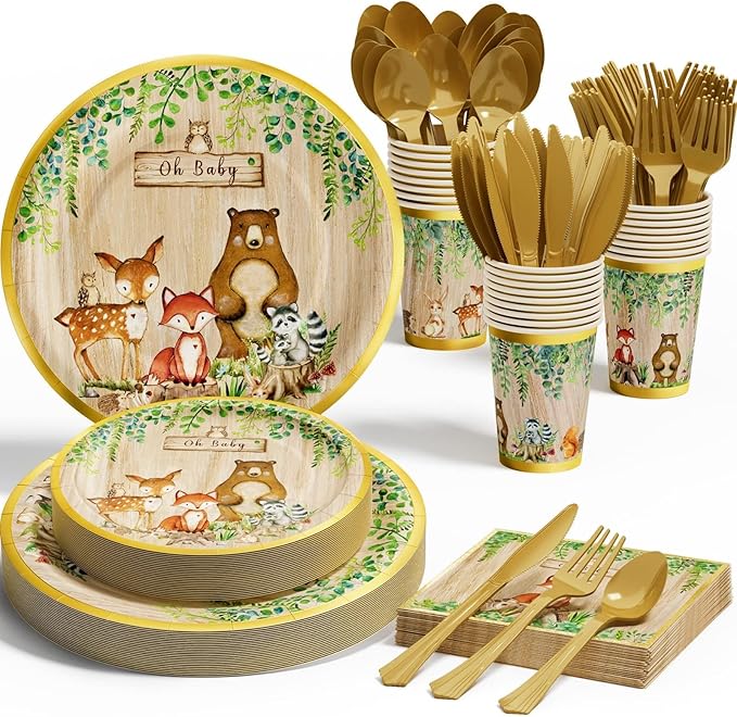 Ecomore Woodland Baby Shower Decorations Supplies - 175PCS Forest Animal Disposable Dinnerware Set (25 Guest) With Gold Paper Plates Cups Napkins Plastic Fork Knives Spoon for Baby Boy Birthday Party
