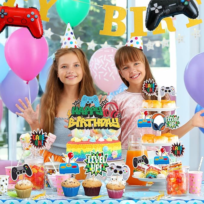 49 PCS Video Game Cupcake Toppers Birthday, Glitter Video Game Theme Cake Topper, Decorations Cake Decor Party Supplies for Games Fans Kids and Men Birthday Sign Decor
