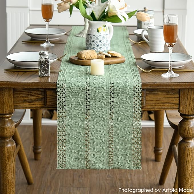 Artoid Mode Light Green Farmhouse Woven Rustic Hollow Table Runner, Seasonal Holiday Hollow Kitchen Dining Table Decoration for Home Party Decor 12x90 Inch