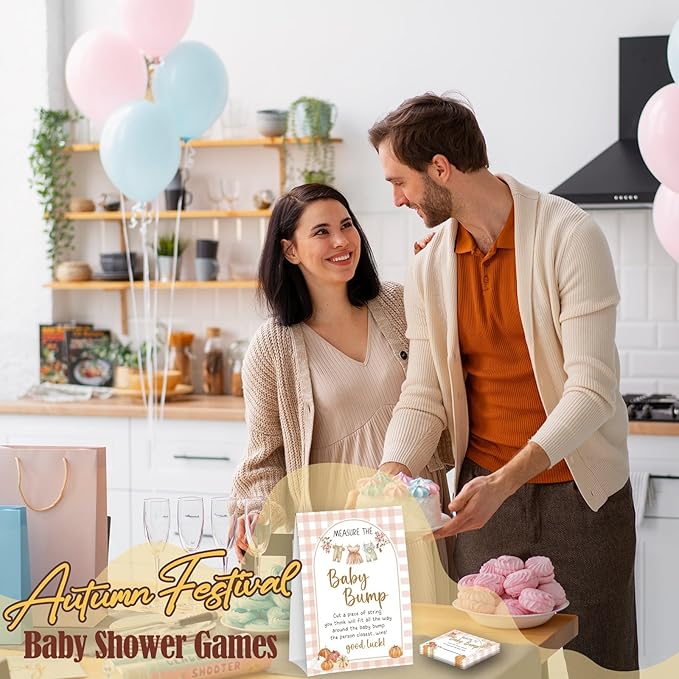 Pumpkin Measure The Baby Bump - Thanksgiving Baby Shower Card Set (1 Sign With 50 Guess Cards), Fall Gender Reveal Party Favor Supplies -A21