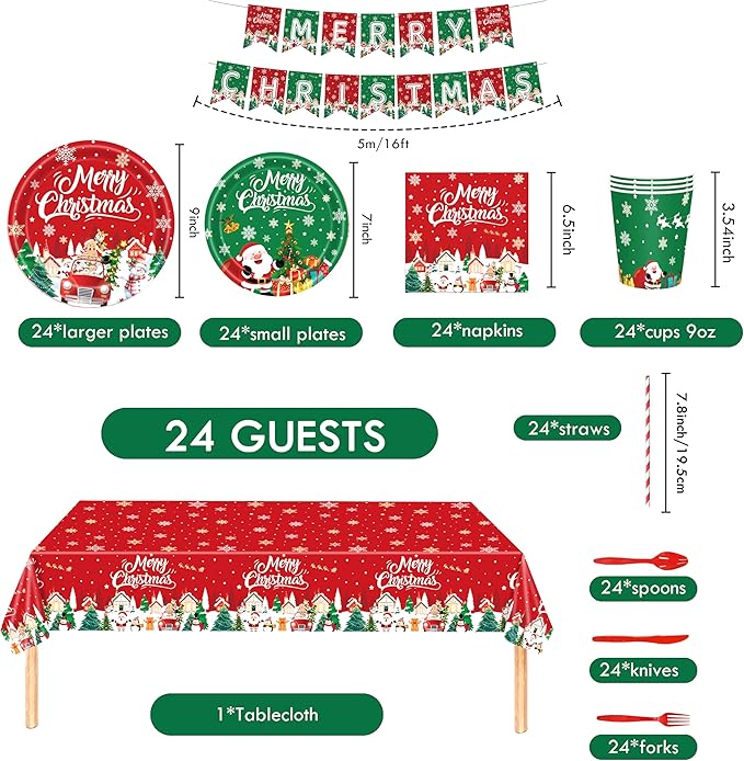 194PCS Christmas Party Supplies | Indoor Xmas Disposable Plates Napkins Cutlery Straws Banner Tablecloth Complete Christmas Party Decorations Set For Home Dinner Picnic Holiday Thanksgiving Serve 24