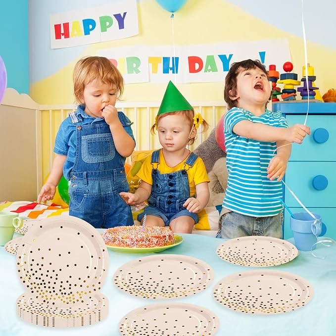 90PCS Pink and Gold Paper Plates Napkins Set, Disposable Gold Dot Party Plates with Napkins Forks Dessert Dinnerware Party Supplies for Wedding, Graduation, Festivals