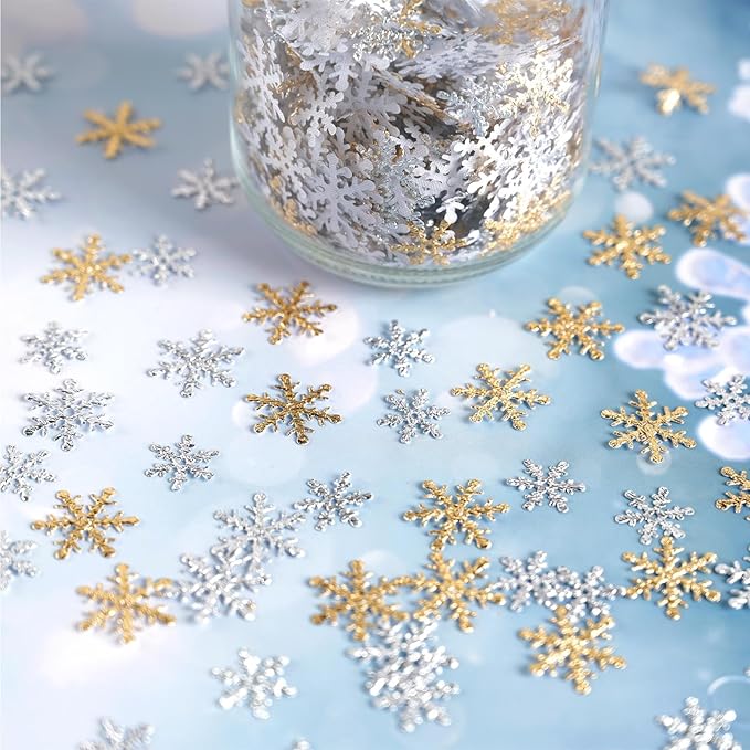 Christmas Snowflake Confetti Decorations,1200Pcs Gold Silver Confetti Snow Party Pack for Christmas Winter Wonderland Table Centerpieces Wedding Birthday Baby Shower DIY Projects Decorations Supplies