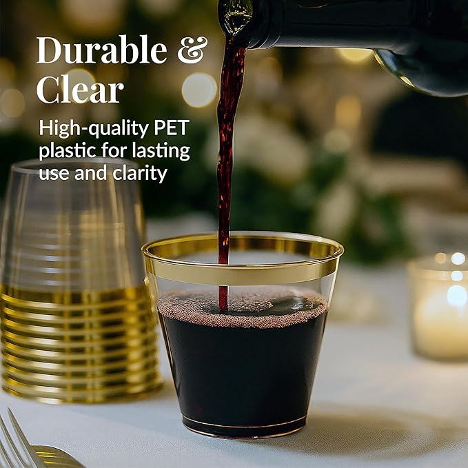 Prestee Hard Disposable Cups - Heavy Duty Fancy Plastic Cups - Plastic Cocktail Drinkware - Disposable Drinking Cup 9 oz - Bulk Drinking Glasses for Wedding - 200ct Gold Tumblers