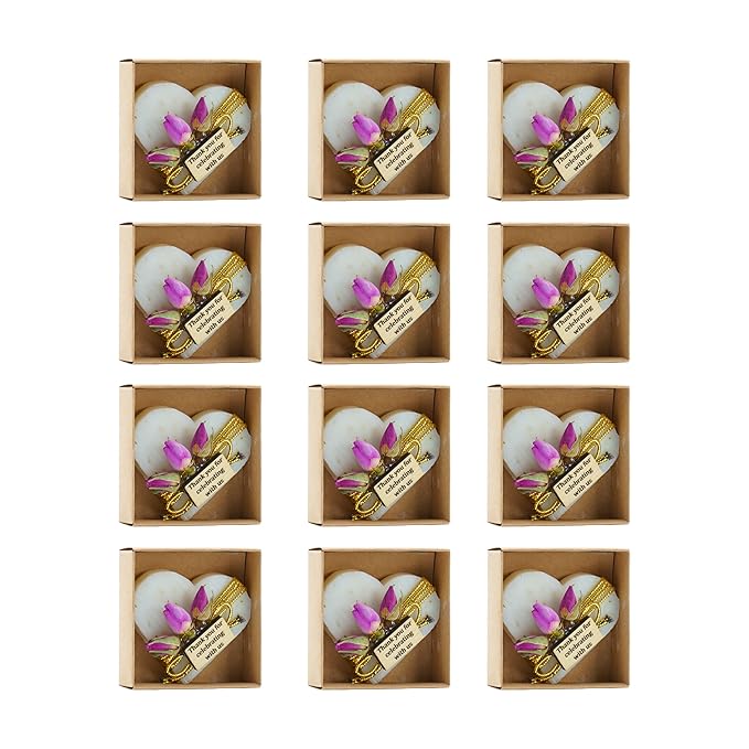 Heart Shaped Soaps 12-Pack, Handmade Scented Mini Soaps for Bridal Shower Party Favors, Wedding, Baby Shower & Engagement Gifts for Guests, Thanks You for Celebrating with Us Wooden Tag