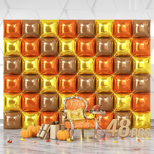 NISOCY 48PCS Orange Gold Brown Square Foil Balloons Wall Backdrop Metallic Autumn Fall Balloons Arch Kit for Thanksgiving Friendsgiving Birthday Halloween Baby Shower Fall Color Party Decorations