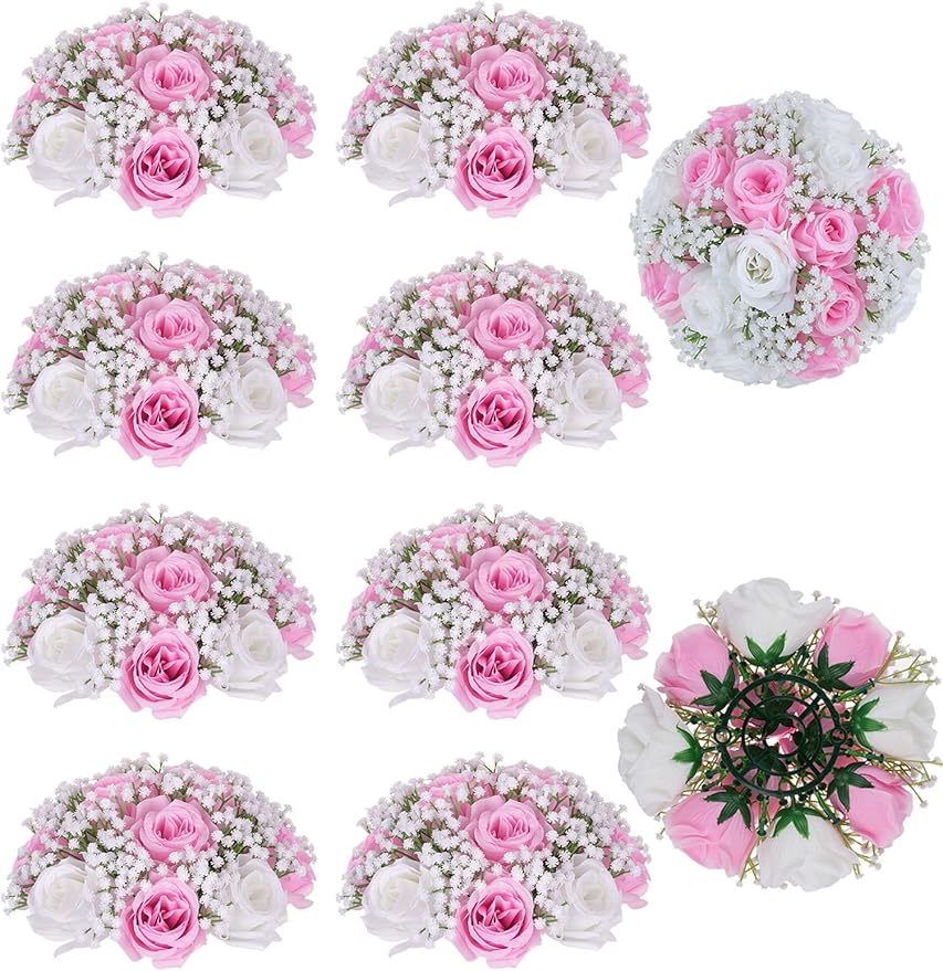 BLOSMON Flowers Balls Wedding Centerpiece: 10 Pcs Pink Rose Babys Breath Artificial Flowers for Table Decorations Silk Kissing Floral Bouquet Arrangements for Home Party DIY Decor