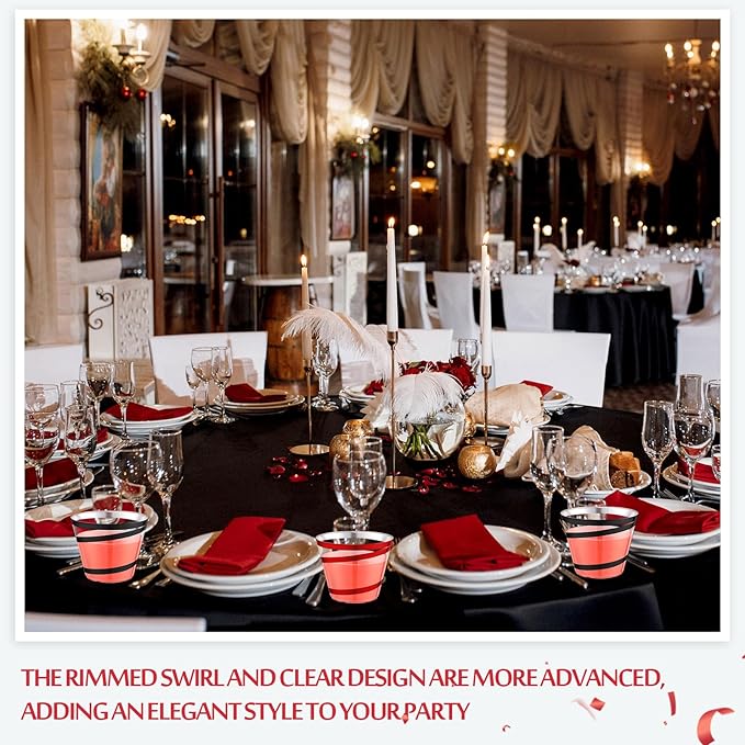 Gejoy 9 oz Rimmed Swirl Plastic Cups Disposable Wine Drinking Cups Clear Elegant Halloween Tumblers for Christmas Party Supplies(Red, Black,100 Pcs)