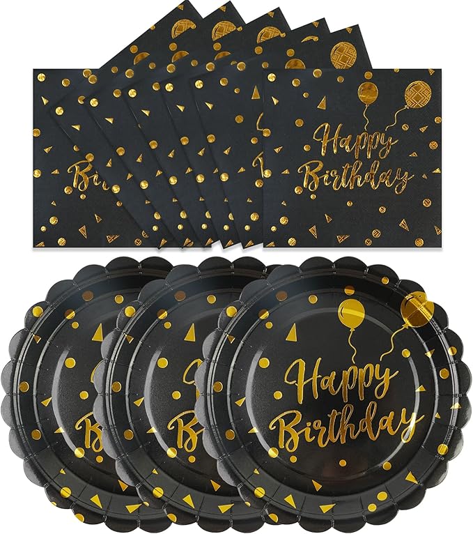 50PCS Happy Birthday Paper Plates and Napkins - 7 Inch Birthday Cake Plates Scalloped Black and Gold Dessert Plates and 6.5 Inch Napkins Disposable Tableware Set, Serves 25