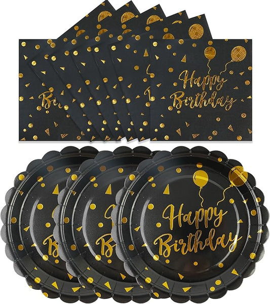 50PCS Happy Birthday Paper Plates and Napkins - 7 Inch Birthday Cake Plates Scalloped Black and Gold Dessert Plates and 6.5 Inch Napkins Disposable Tableware Set, Serves 25