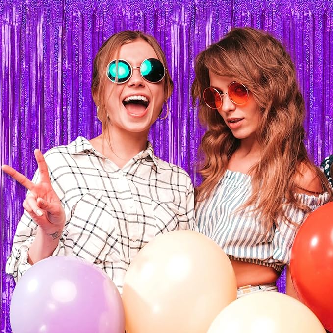 3 Pack Purple Foil Fringe Curtain Backdrop, 3.28Ft x 8.2Ft Metallic Tinsel Foil Fringe Streamer Curtains for Photo Booth, Mother's Day, Easter, Birthday, Wedding Party Decorations