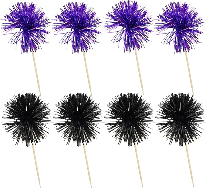 Ephlyn 30Pcs Foil Firework Cupcake Toppers Sparkle Tinsel Cupcake Picks Happy Birthday Cake Decorations Drink Stirrers Cocktail Food Toothpicks for Baby Shower Graduation Party Supplies Black Purple