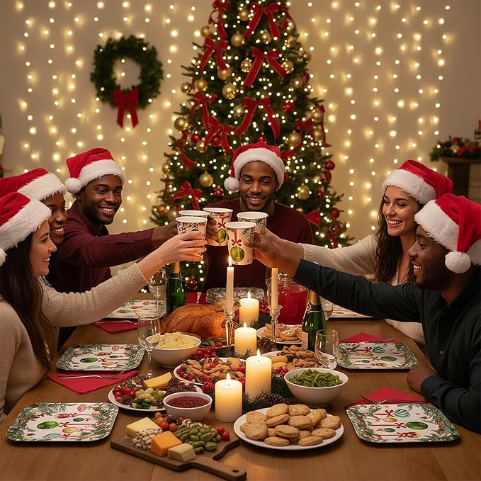 350 Pcs Christmas Party Supplies Christmas Tree Hanging Ball Party Tableware Set Square Paper Plates Disposable Napkins Cups Plastic Cutlery for Xmas Holiday Serves 50 Guests(Xmas Ball)