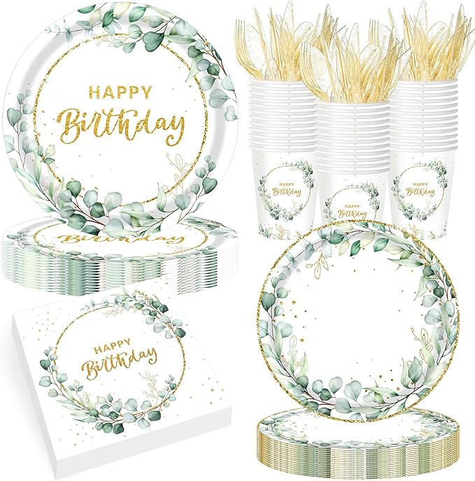 Pickmesh 400 Pcs Sage Green Birthday Party Supplies Include Neutral Eucalyptus Green Happy Birthday Disposable Paper Plates Napkins Cups Cutlery for Girls Boys Women Men Party Decorations Serve 50