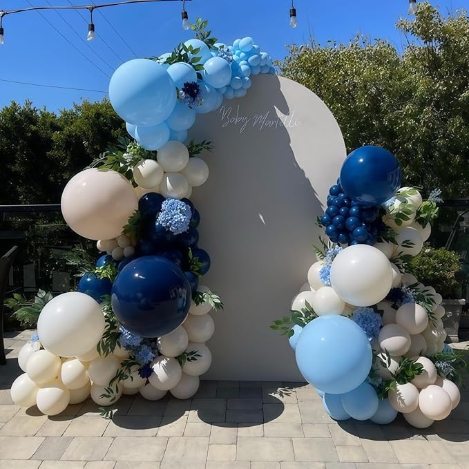 Navy Blue Balloon Arch Kit, Dusty Light Blue Gold Balloon Garland White Sand Cream Metallic Gold Balloons for Wedding Bridal Baby Shower Gender Reveal Graduation Birthday Party Decorations Supplies
