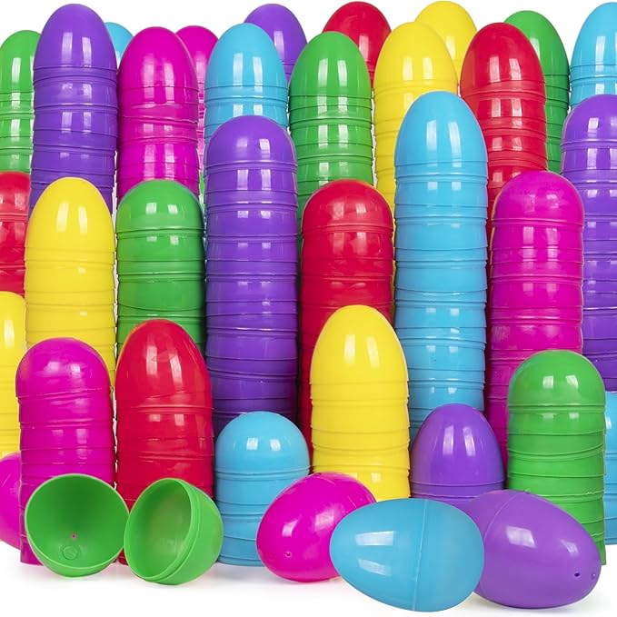 Giraffe Manufacturing 150 Pack 2.3" Hinged Easter Eggs Bulk Plastic Fillable – Assorted Bright Colors Candy Alternative Eggs for Egg Hunt, Party Favors, Classroom Prizes, Treasure Box Toys
