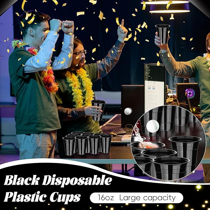 Dualshine 100 Pack Black Plastic Cups 16 oz, Disposable Cups for Party, Heavy Duty Drinking Cups, Halloween Cup for Wedding Birthday Beer Taste Serving Snack Sample Tastings Barbecues Picnic