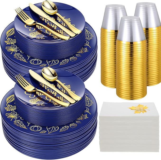 Shellwei 210 Pcs Thanksgiving Dinnerware Sets, Navy Blue Disposable Plates Includes Dinner Plates Cups Dessert Plate Paper Napkins Forks Knives Spoons Supplies for Thanksgiving Day