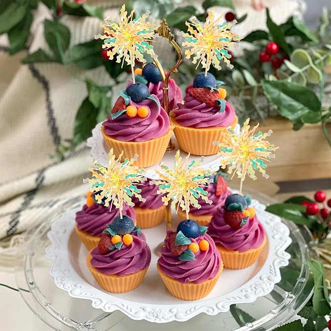 Gyufise 20Pcs Foil Firework Cupcake Toppers Happy Birthday Cake Toppers Tinsel Flower Drink Stirrers Cocktail Food Fruit Toothpicks for Valentine's Day Party Birthday Wedding Supplies Yellow