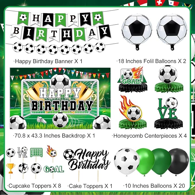 Soccer Birthday Party Decorations Includes Banner, Backdrop, Foil & Latex Balloons, Cake & Cupcake Toppers, Honeycomb Centerpieces for Boy Soccer Themed Party Decorations