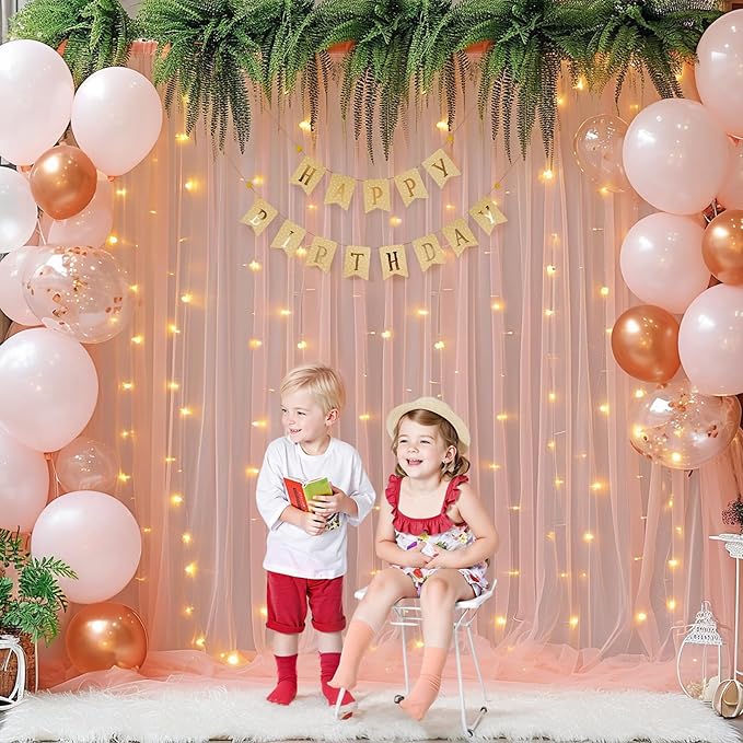 10ft x 8ft Peach Backdrop Curtain with Lights String for Parties, Sheer Tulle Wedding Photo Backdrops Drapes for Baby Shower Birthday Party Decorations Background for Photography