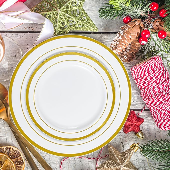 JollyPack 100 Piece Disposable Gold Plastic Party Plates, Including 50 10 Inch Dinner Plates and 50 7 Inch for Dessert, Great for Parties, Weddings, Home Use, and Thanksgiving