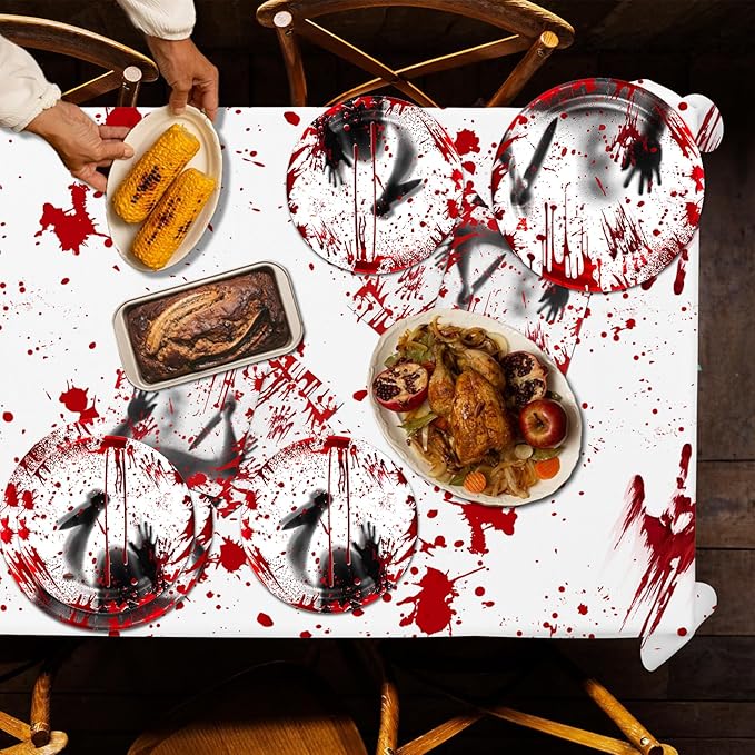 Have a Killer Birthday Decoration,142PCS Halloween Scary Party Tableware Decorations Include Killer Banner Horror Plates Napkins Bloody Tablecloth for Horror Themed Birthday Supplies