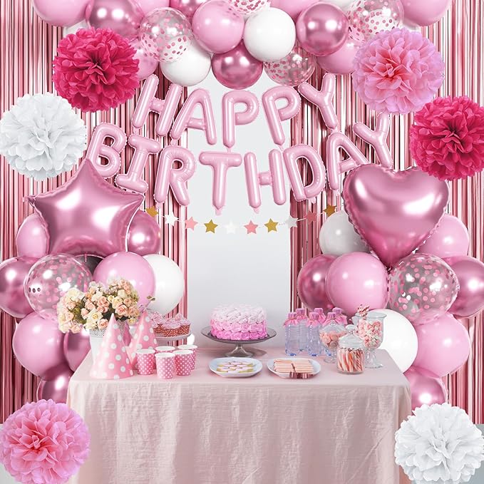 Pink Birthday Decorations for Girls, Pink White Party Balloons Happy Birthday Banner Balloon Star Heart Foil Balloon Fringe Curtain Paper Pompom for Women Bday Party Supplies