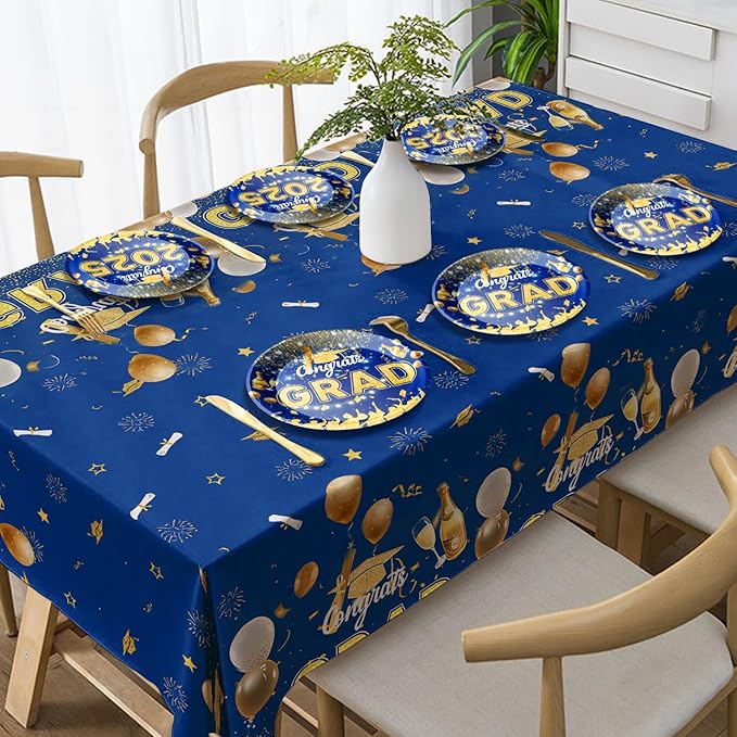 128 Pcs Blue And Gold Graduation Decorations 2025,Graduation Decorations 2025 Deals Set Include Tablecloth , Paper Plates, Cups,Forks, Napkins, Grad Banner Is Suit For Any Grad Party.