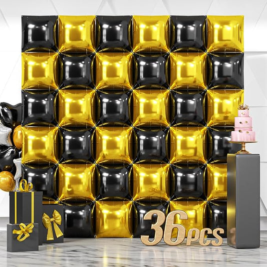 NISOCY 36PCS Black Gold Square Foil Balloons Wall Backdrop Double Sided Metallic Black Gold Balloon Arch Kit New Years Birthday Graduation Anniversary Engagement Bridal Baby Shower Party Decorations