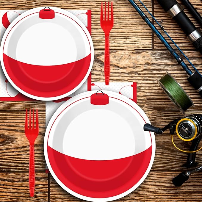 ZOIIWA 96 Pieces Gone Fishing Party Plates Napkins Fishin' Tableware Set for Fishing Themed Table Decorations Supplies Birthday Dessert Plates Forks for 24 Guests Disposable Party Favors