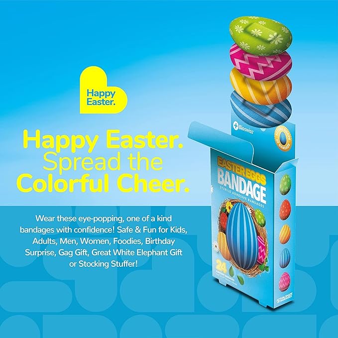 BioSwiss Kids Bandages, Easter Egg Shaped Self Adhesive Bandage Set, Latex Free, Sterile Wound Care, 24 Count