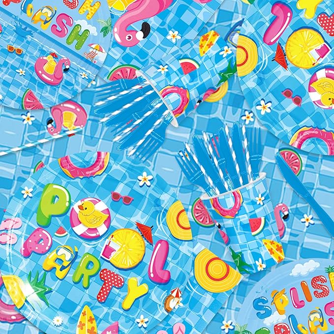 141Pcs Pool Party Decorations for 20 Guests - Summer Beach Birthday Party Plates and Napkins Forks Knives Straws for Baby Shower Swimming Pool Summer Birthday Decorations