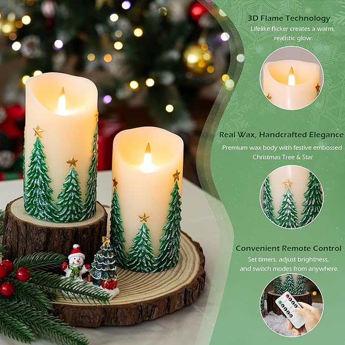 Christmas Tree Flameless Candles with Remote and Timer, Real Wax LED Pillar Candle with Flickering Flame, Embossed Design, Battery Operated Candles Xams Holiday Home Décor