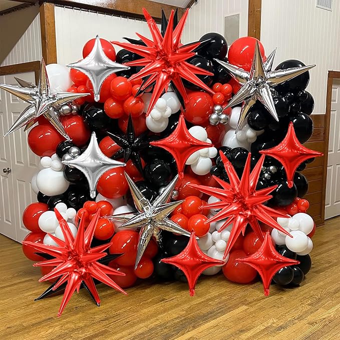 Red Silver Star Balloons Kit with 6pcs 22in Cone Foil Balloons and 10pcs 10in Four Pointed Star Balloons for Birthday New Year Christmas Anniversary Disco Party Decorations