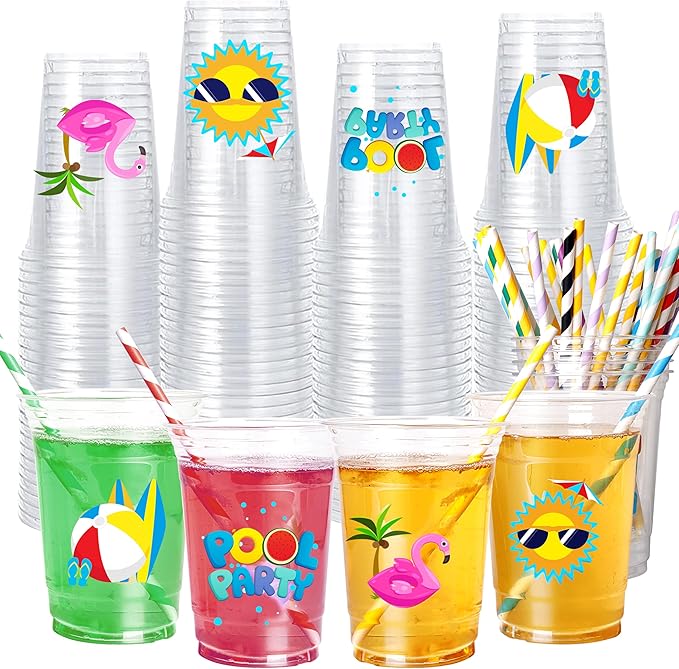taupphoo 48PCS Beach Pool Party Plastic Cups with Paper lids Summer 16oz Luau Swimming Party Disposable Plastic Cups Drinkware for Beach Ball Pool birthday Decorations favors