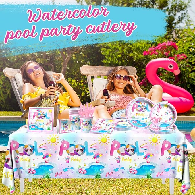 Pool Party Supplies,141pcs Pink Pool Birthday Tableware Decorations Pool Party Plates Cups Summer Theme Napkins Beach Ball Tablecloth for Hawaii Party Decoration