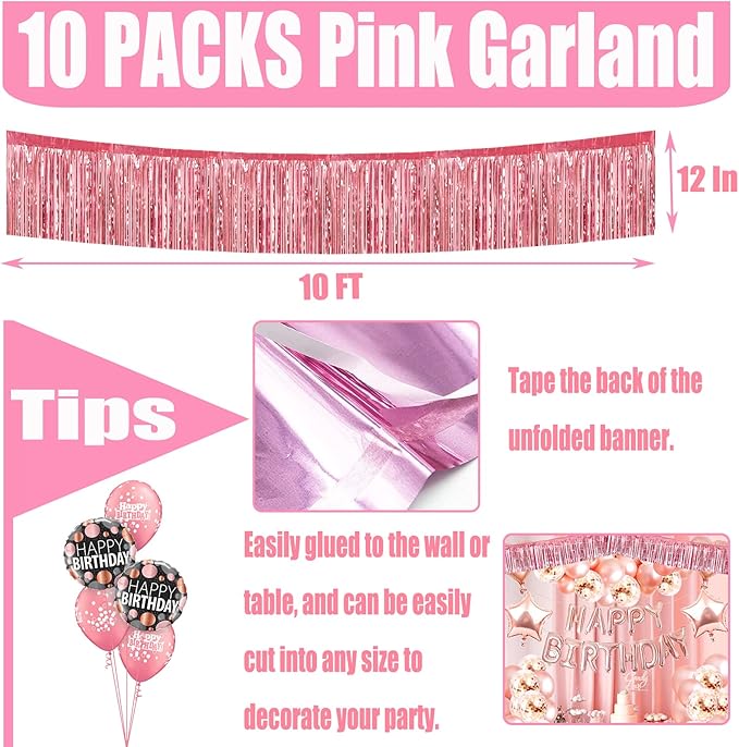 10 Pack 10 Feet Pink Foil Fringe Garland Metallic Tinsel Streamers Banner Wall Hanging Curtain Backdrop for Parade Floats, Bachelorette, Wedding, Birthday, Halloween, Christmas Party Decorations
