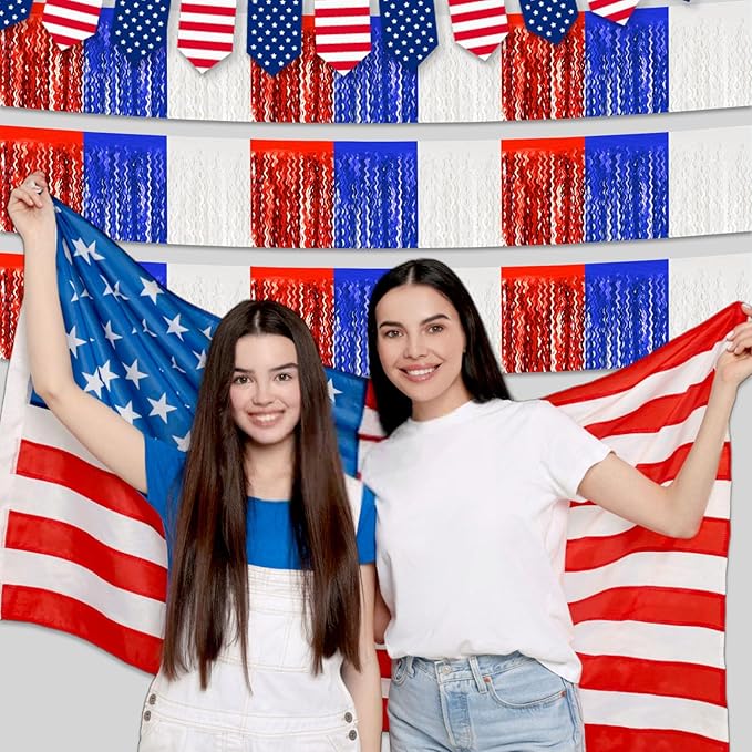 6 Pack 10 Feet White Blue Red Wave Foil Fringe Garland Metallic Tinsel Streamers Banner Wall Hanging Curtain Backdrop for Parade Floats, Mother's Day, Easter, Wedding, Birthday Party Decoration