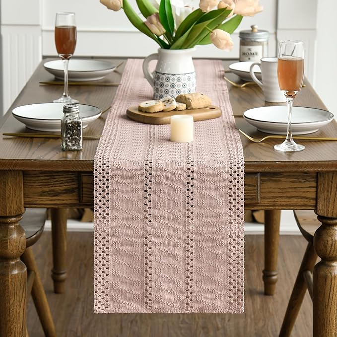 Artoid Mode Pink Farmhouse Woven Rustic Hollow Table Runner, Seasonal Holiday Kitchen Dining Table Decoration for Home Party Decor 12x36 Inch