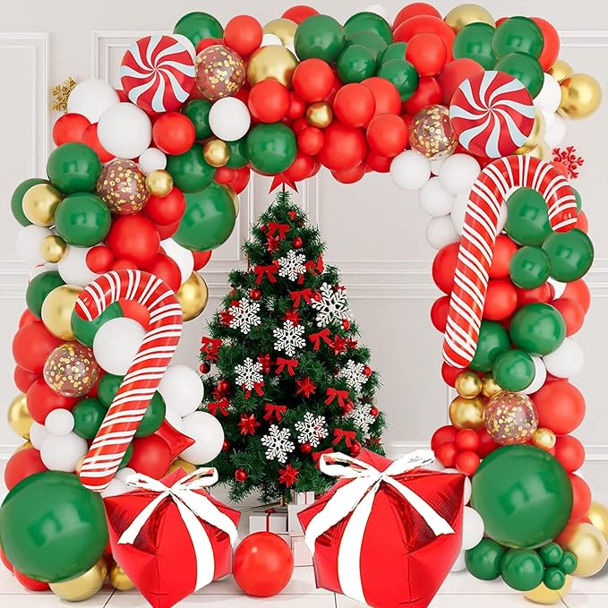 Christmas Balloon Garland Arch Kit,Xmas Holiday Balloons Red Green White Gold Confetti Balloons with Candy Cane Box Foil Balloon for Christmas Party Birthday Xmas Party Decorations
