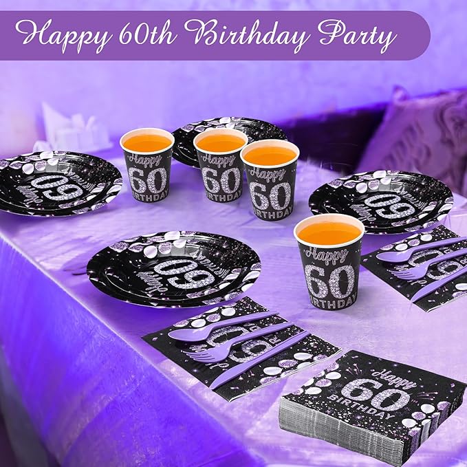 Pickmesh 400 Pcs 60th Birthday Party Supplies Purple Black Happy Birthday Decorations Include Disposable Paper Plates Napkins Cups Cutlery for Men Women Party Decorations Serve 50