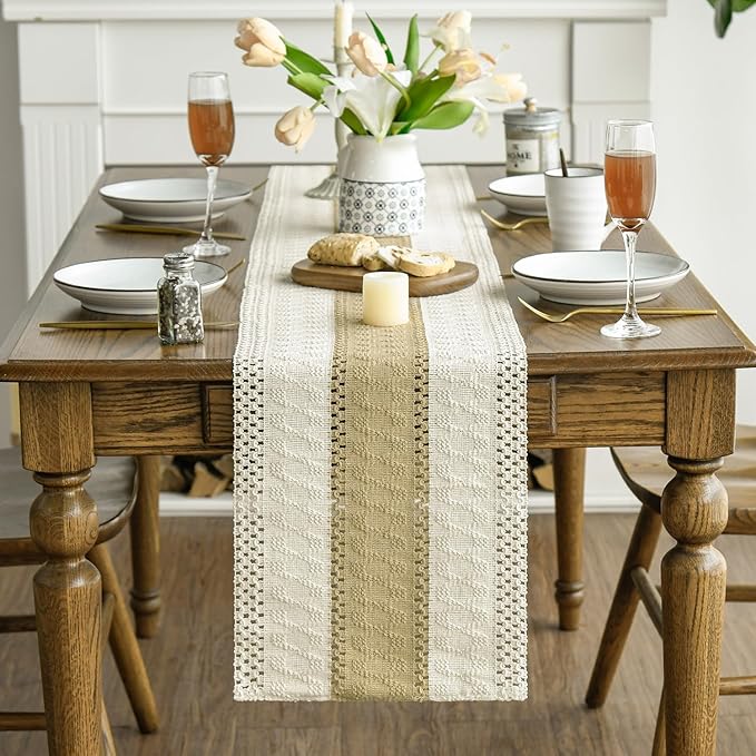 Artoid Mode Burlap Brown Farmhouse Rustic Table Runner, Seasonal Holiday Hollow Kitchen Dining Table Decoration for Home Party Decor 12x72 Inch