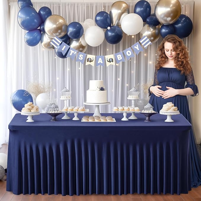 1 Pack Navy Blue Table Clothes for 8 Foot Rectangle Tables, One-Piece Wrinkle Resistant Stretch Spandex Table Covers with Table Skirt for Event Banquet Wedding Birthday Party