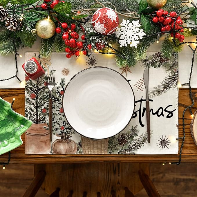 Artoid Mode Xmas Trees Holly Pine Cone Merry Christmas Placemats Set of 4, 12x18 Inch Seasonal Winter Holiday Table Mats for Party Kitchen Dining Decoration