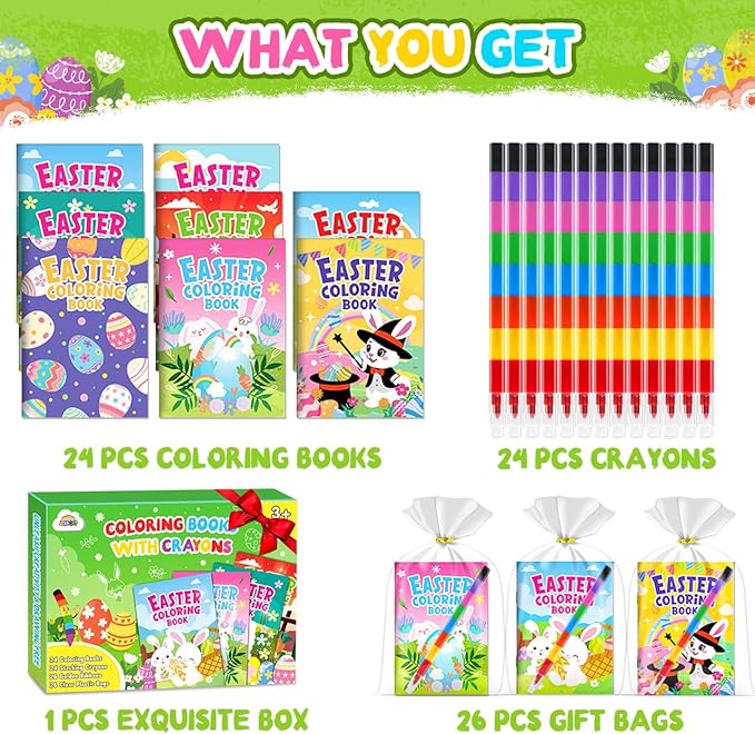 ZMLM 24 Coloring Books for Kids Party Favors: Bulk 24 Crayons Mini Coloring Books for Kids Ages 4-8 Birthday Goodie Bags Stuffers Toddlers Return Gifts Classroom Prizes Teacher Crafts (Easter)