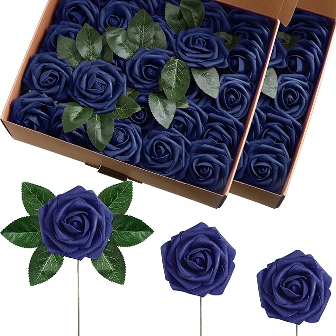 50 Pcs Artificial Foam Rose Flowers Faux Bouquet with Leaves and Stems for DIY Wedding Bouquets Centerpieces Bridal Shower Party Valentine Home Decorations (Navy Blue)
