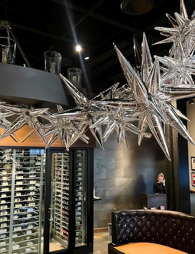 Silver Star Balloons,8Pcs Foil Balloons Explosion Star Balloon One-Piece 14-Pointed Spike Cone Mylar Balloon for New Year Christmas Birthday Wedding Bachelorette Disco Party Decorations