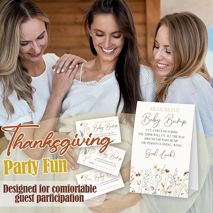 Wildflower Measure The Baby Bump - Thanksgiving Baby Shower Card Set (1 Sign With 50 Guess Cards), Fall Floral Gender Reveal Party Favor Supplies -A18