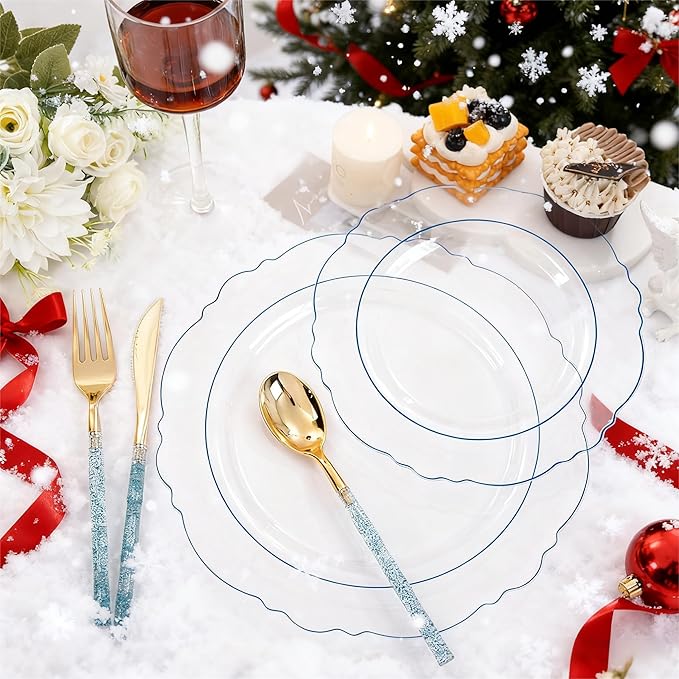 Liacere 150PCS Clear and Blue Plastic Plates-Clear and Blue Disposable Plates with Glitter Bamboo Handle Cutlery-60 Baroque Elegant Plates, 30 Forks, 30 Spoons, 30 Knives for Wedding＆Back to School